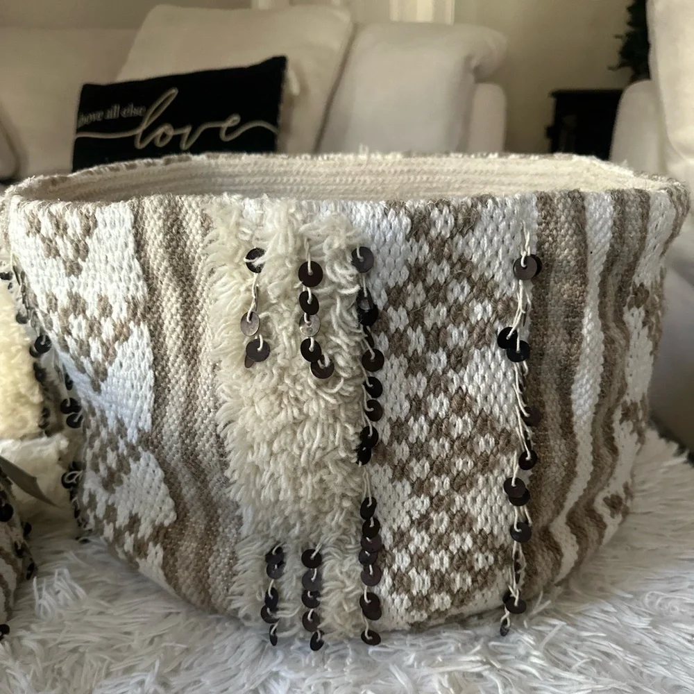 RH TEEN Moroccan Embellished Storage Basket Set Natural Size: 1 Med 2 Small